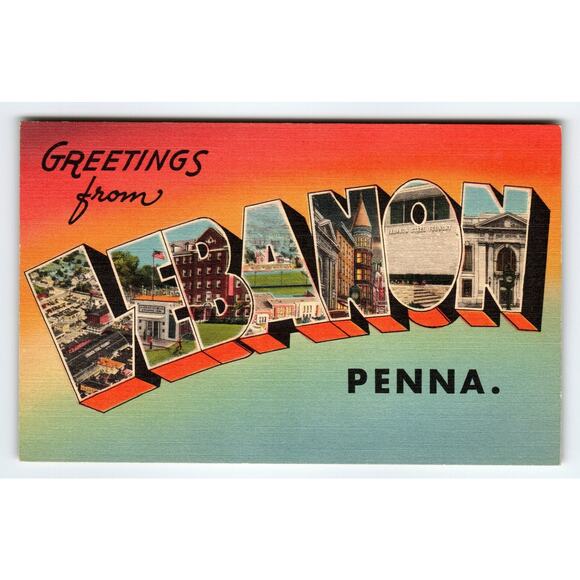 Vintage Large Letter Greetings from Lebanon Penna. Linen Postcard Tichnor Bros - Picture 1 of 2